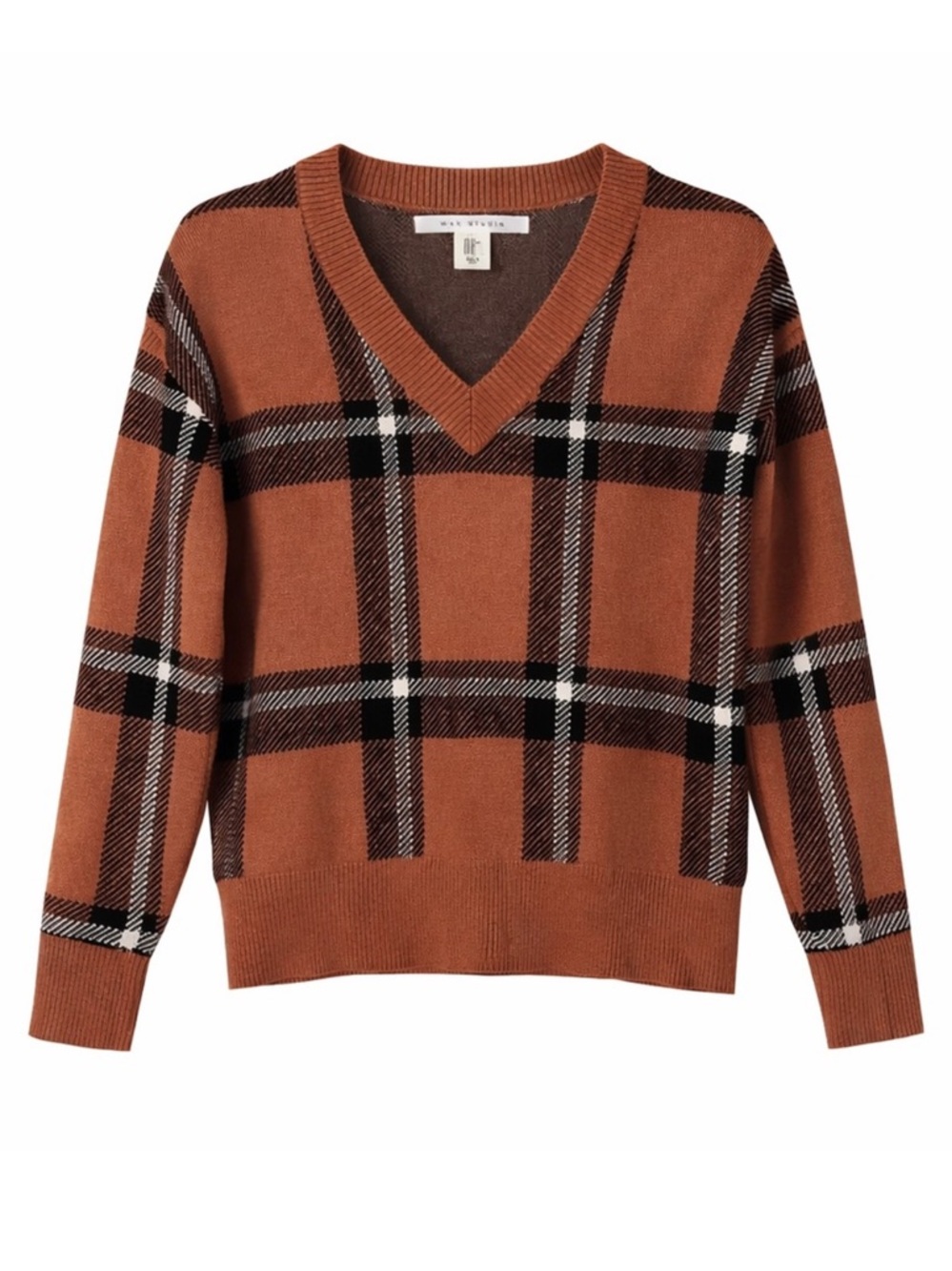 Max Studio Plaid V-Neck Sweater Brown Black XS - Picture 2 of 9